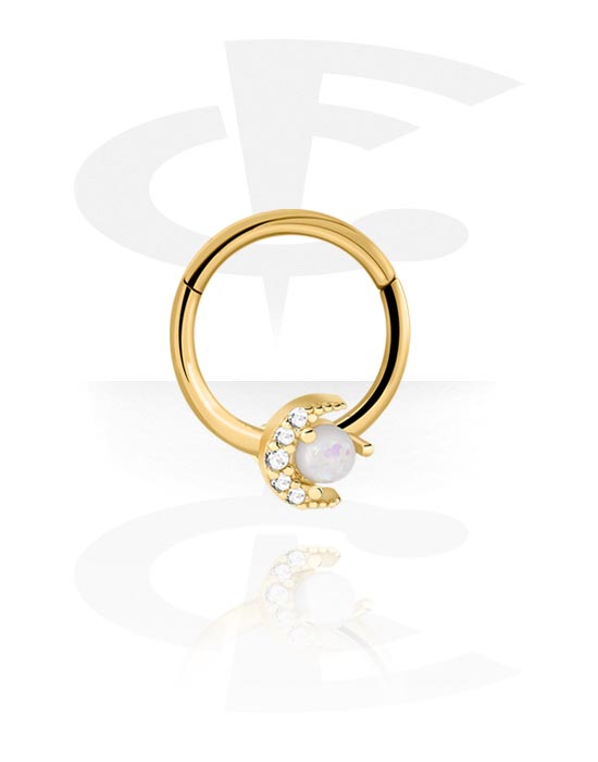 Piercing Rings, Piercing clicker (surgical steel, gold, shiny finish) with moon attachment and crystal stones, Gold Plated Surgical Steel 316L, Gold Plated Brass