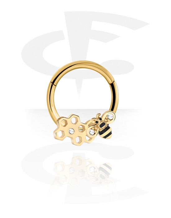 Piercingové kroužky, Piercingový clicker (chirurgická ocel, zlatá, lesklý povrch) s designem včela, Pozlacená chirurgická ocel 316L, Pozlacená mosaz