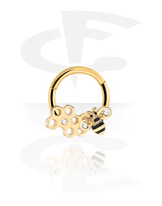 Piercingové kroužky, Piercingový clicker (chirurgická ocel, zlatá, lesklý povrch) s designem včela, Pozlacená chirurgická ocel 316L, Pozlacená mosaz