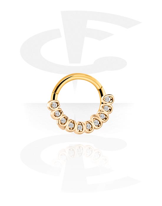 Anéis piercing, Multi-purpose clicker (aço cirúrgico, ouro, acabamento brilhante) com pedras de cristal, Aço cirúrgico 316L banhado a ouro, Latão banhado a ouro