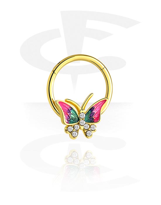 Piercing Rings, Piercing clicker (surgical steel, gold, shiny finish) with butterfly design and crystal stones, Gold Plated Surgical Steel 316L, Gold Plated Brass
