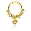 Piercing Rings, Piercing clicker (surgical steel, gold, shiny finish) with heart charm and crystal stones, Gold Plated Surgical Steel 316L ,  Gold Plated Brass