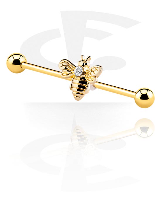 Činky, Činka Industrial s Motív včela, Pozlátená chirurgická oceľ 316L, Pozlátená mosadz