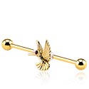 Barres, Barbell industriel avec motif oiseau, Acier chirugical 316L ,  Plaqué or, Laiton plaqué or