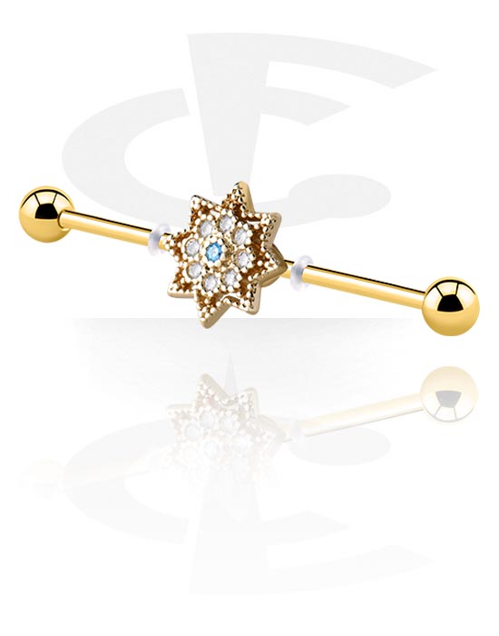 Barbells, Industrial Barbell with crystal stones, Gold Plated Surgical Steel 316L, Gold Plated Brass