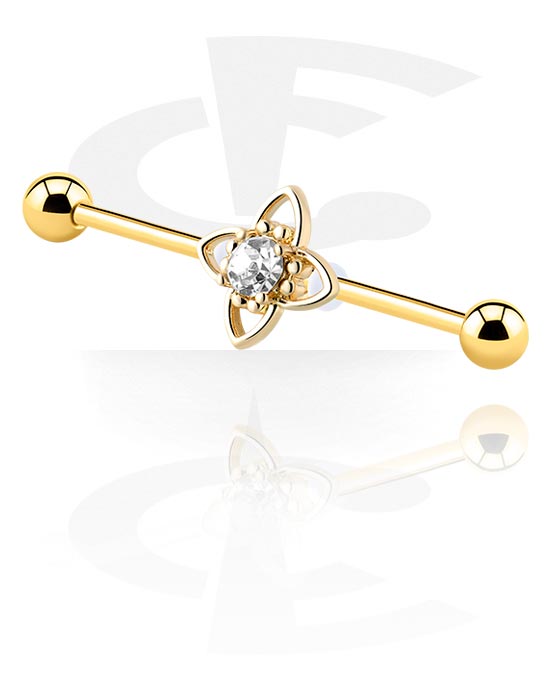 Barbells, Industrial Barbell with crystal stone, Gold Plated Surgical Steel 316L, Gold Plated Brass