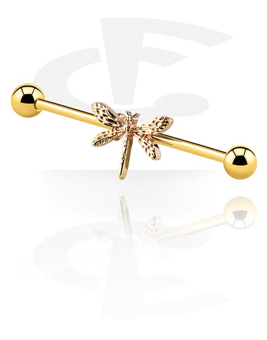 Barbells, Industrial Barbell with dragonfly design, Gold Plated Surgical Steel 316L, Gold Plated Brass