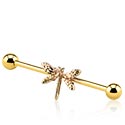 Barbells, Industrial Barbell with dragonfly design, Gold Plated Surgical Steel 316L, Gold Plated Brass