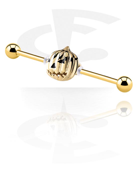 Barbells, Industrial Barbell with pumpkin attachment, Gold Plated Surgical Steel 316L, Gold Plated Brass