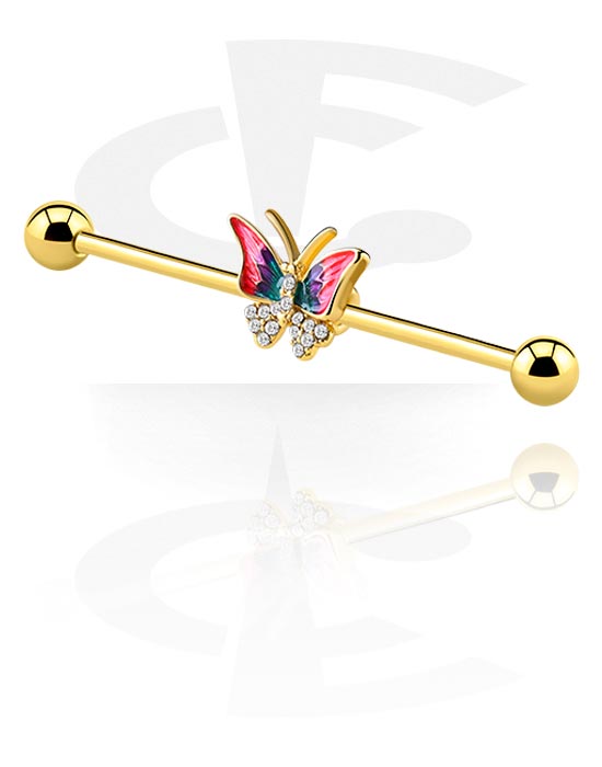 Barbells, Industrial Barbell with butterfly charm and crystal stones, Gold Plated Surgical Steel 316L ,  Gold Plated Brass