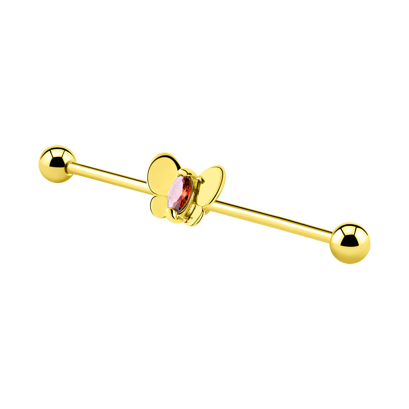 Barbell industriel avec accessoire papillon et pierre en crystal Acier chirugical 316L / Plaqué or/Laiton plaqué or Barres