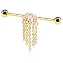 Barbells, Industrial Barbell with crystal stones and chain, Gold Plated Surgical Steel 316L, Gold Plated Brass