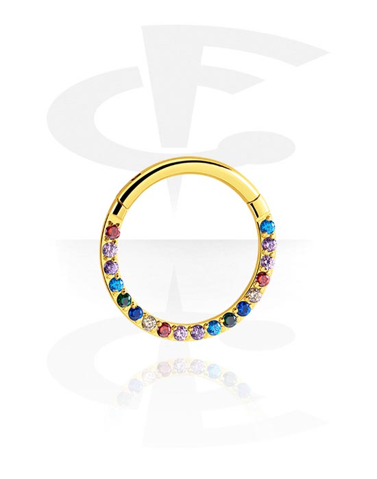 Piercing Rings, Piercing clicker (surgical steel, gold, shiny finish) with crystal stones, Gold Plated Surgical Steel 316L