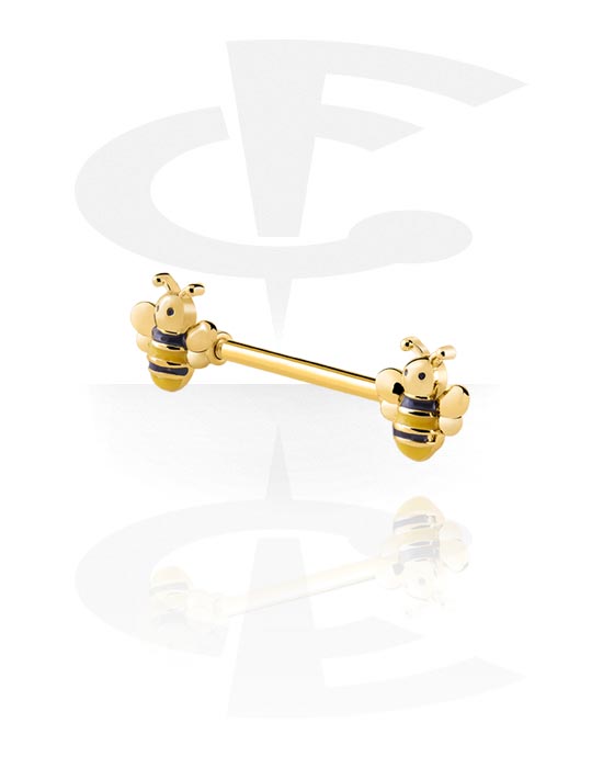 Piercings pezón, Barbell para el pezón con diseño de abeja, Acero quirúrgico 316L chapado en oro, Latón chapado en oro