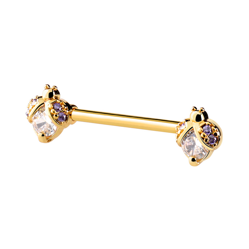 Barre pour piercing téton avec motif coccinelle et pierres en cristal Acier chirugical 316L / Plaqué or/Laiton plaqué or Piercings téton