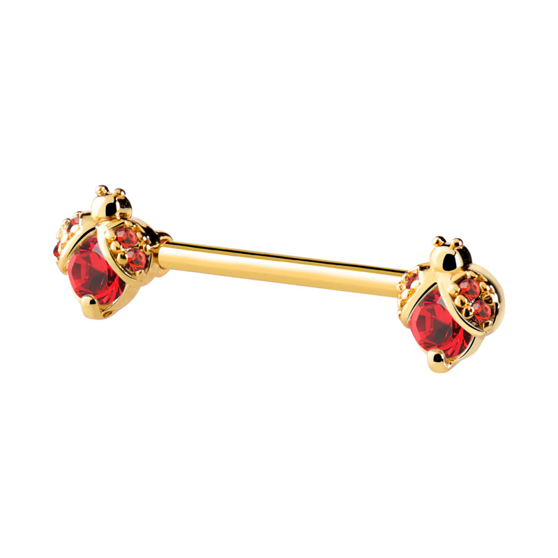 Barre pour piercing téton avec motif coccinelle et pierres en cristal Acier chirugical 316L / Plaqué or/Laiton plaqué or Piercings téton