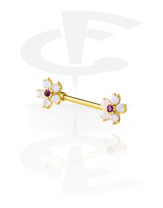 Piercingové šperky do bradavky, Činka do bradavky s koncovkou květina a krystalovými kamínky, Pozlacená chirurgická ocel 316L ,  Pozlacená mosaz