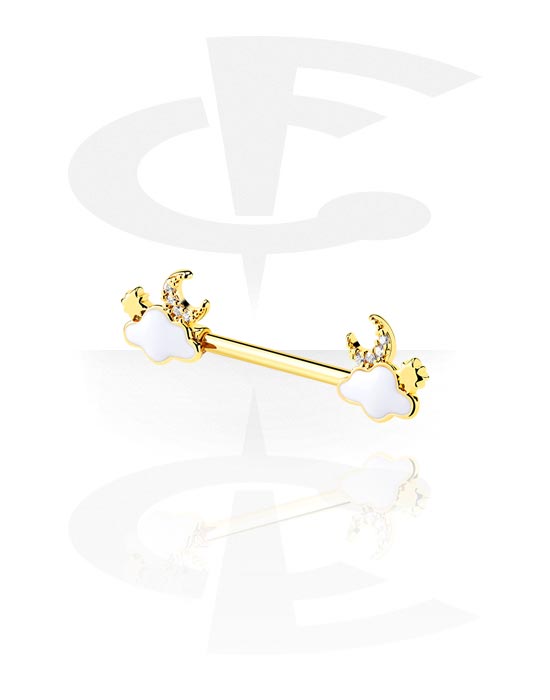 Nipple Piercings, Nipple Barbell with half moon charm and crystal stones, Gold Plated Surgical Steel 316L, Gold Plated Brass