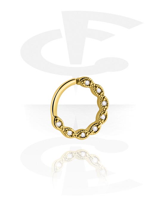 Anéis piercing, Continuous ring (aço cirúrgico, ouro, acabamento brilhante) com pedras de cristal, Aço cirúrgico 316L banhado a ouro