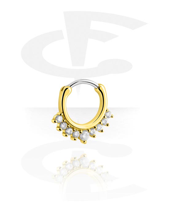Piercingové kroužky, Piercingový clicker (chirurgická ocel, zlatá, lesklý povrch) s krystalovými kamínky, Chirurgická ocel 316L, Pozlacená mosaz