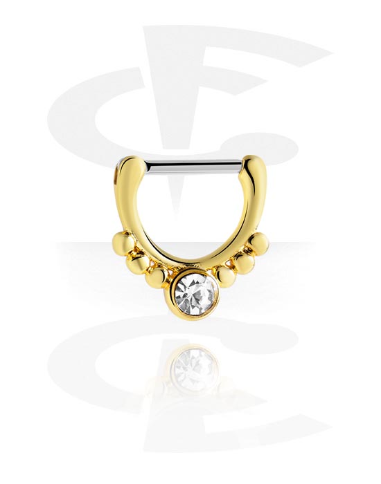 Piercing Rings, Septum clicker (surgical steel, gold, shiny finish) with crystal stone, Gold Plated Surgical Steel 316L, Gold Plated Brass