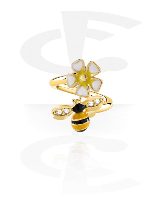 Spirals, Spiral with bee design and crystal stones, Gold Plated Surgical Steel 316L, Gold Plated Brass