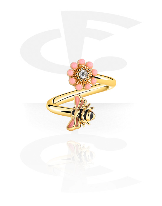 Spirales, Spirale avec motif abeille et pierres en cristal, Acier chirugical 316L ,  Plaqué or ,  Laiton plaqué or
