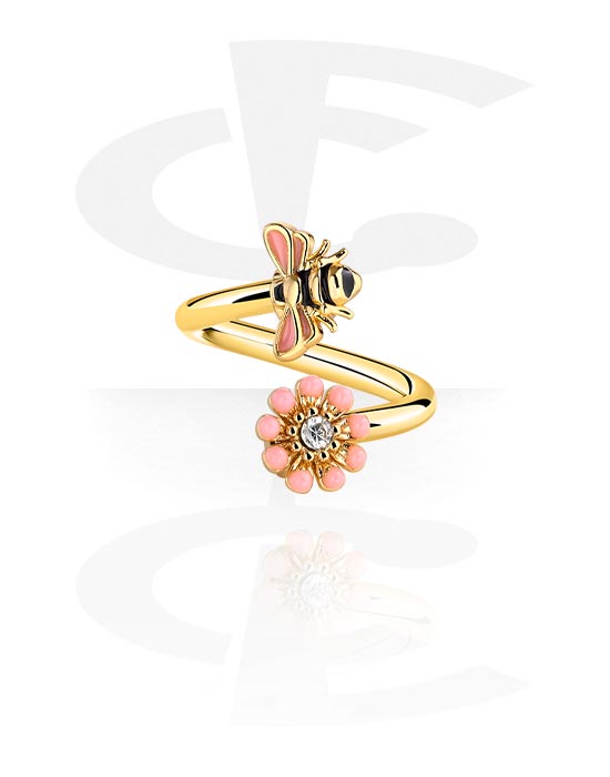 Espirales, Espiral con diseño de abeja y brillantes, Acero quirúrgico 316L chapado en oro ,  Latón chapado en oro