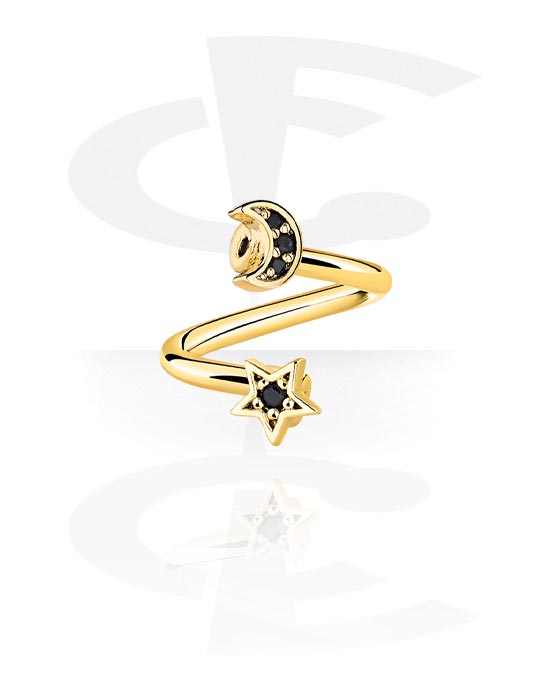 Espirais, Espiral com estrela e Half moon design, Aço cirúrgico 316L banhado a ouro, Latão banhado a ouro