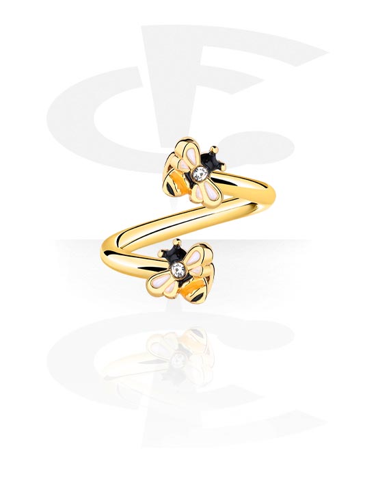 Spirals, Spiral with bee design and crystal stones, Gold Plated Surgical Steel 316L ,  Gold Plated Brass