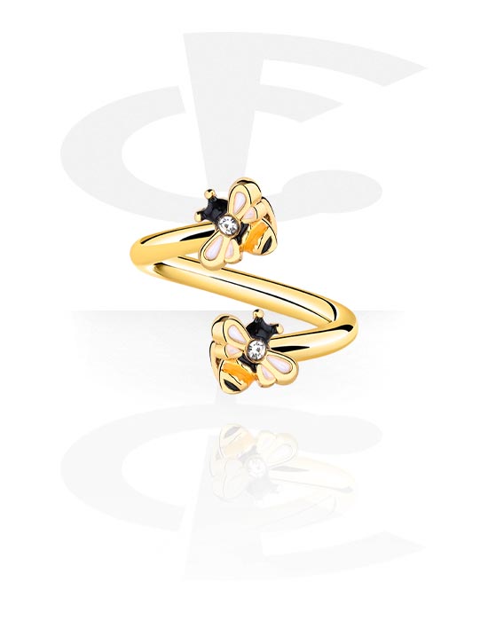 Spirals, Spiral with bee design and crystal stones, Gold Plated Surgical Steel 316L ,  Gold Plated Brass