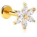 Labreti, Labret z notranjim navojem (titan, zlat, sijoč zaključek) s/z cvetličnim dizajnom in Kristalni kamni, Titan ASTM F136
