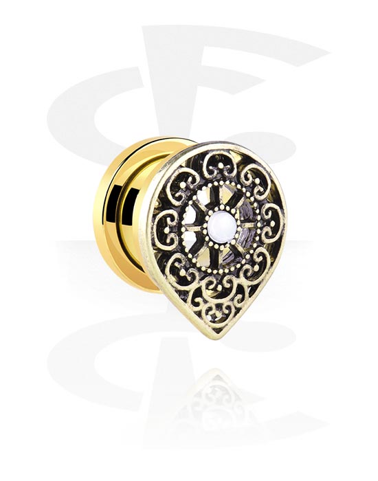 Tunnels & Plugs, Screw-on tunnel (surgical steel, gold, shiny finish) with vintage design and mother of pearl stone, Gold Plated Surgical Steel 316L