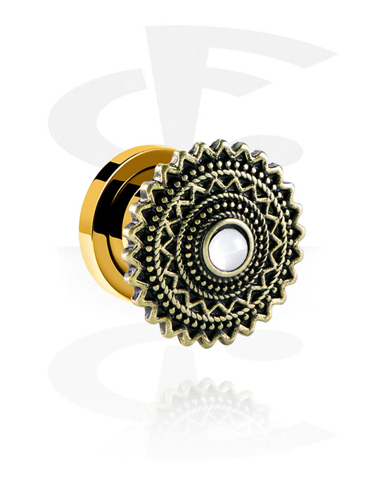 Tunnels & Plugs, Screw-on tunnel (surgical steel, gold, shiny finish) with vintage design, Gold Plated Surgical Steel 316L