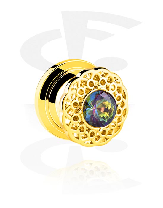 Tunnels & Plugs, Screw-on tunnel (surgical steel, gold, shiny finish) with crystal stone, Gold Plated Surgical Steel 316L