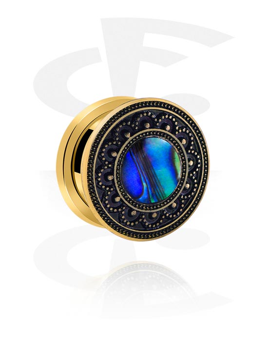 Tunnels & Plugs, Screw-on tunnel (surgical steel, gold, shiny finish) with vintage design and imitation mother of pearl inlay, Gold Plated Surgical Steel 316L