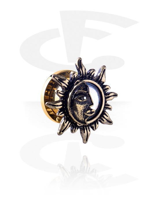 Tunnels & Plugs, Screw-on tunnel (surgical steel, gold, shiny finish) with antique sun design, Gold Plated Surgical Steel 316L