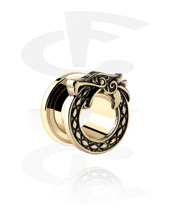Tunnels & Plugs, Screw-on tunnel (surgical steel, gold, shiny finish) with dragon design, Gold Plated Surgical Steel 316L