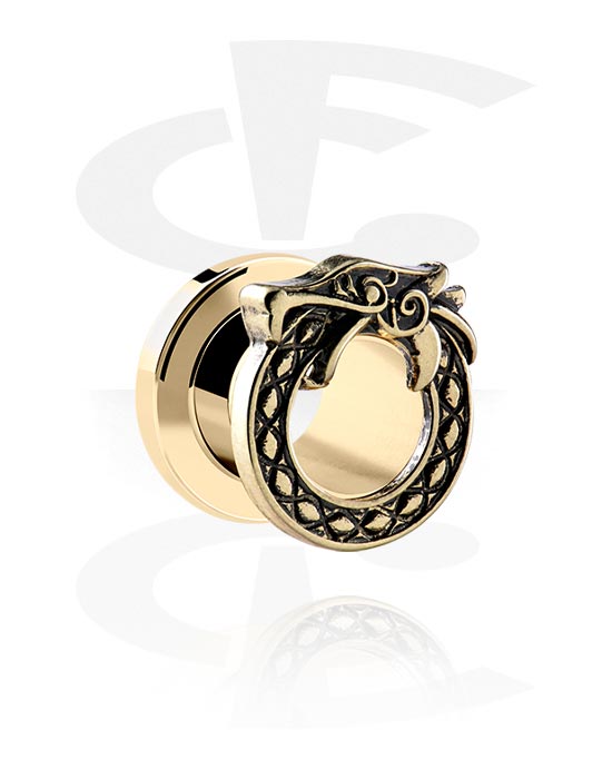 Tunnels & Plugs, Screw-on tunnel (surgical steel, gold, shiny finish) with dragon design, Gold Plated Surgical Steel 316L