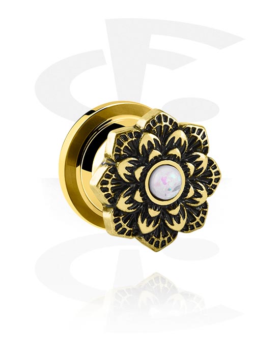 Tunnels & Plugs, Screw-on tunnel (surgical steel, gold, shiny finish) with vintage flower design and mother of pearl stone, Gold Plated Surgical Steel 316L