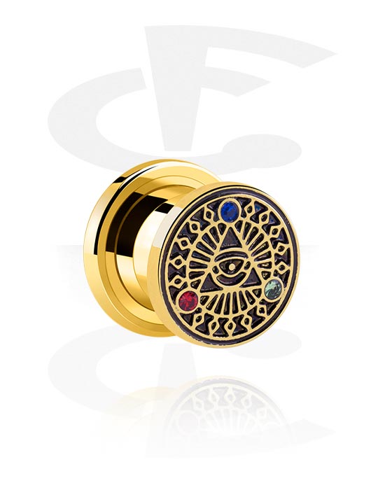 Tunnels & Plugs, Screw-on tunnel (surgical steel, gold, shiny finish) with "Eye of Providence" design and crystal stones, Gold Plated Surgical Steel 316L