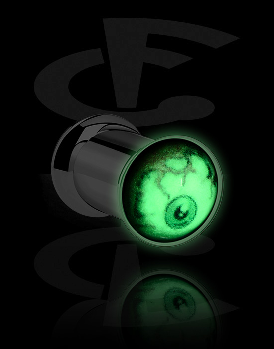 Tunnel & Plug, "Glow in the dark" - double flared plug (acciaio chirurgico, argento, finitura lucida) con design occhio, Acciaio chirurgico 316L