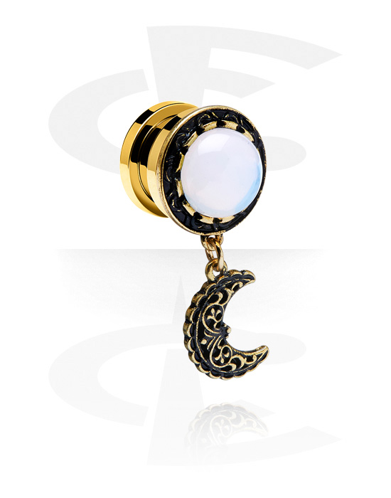 Tunnels & Plugs, Screw-on tunnel (surgical steel, gold, shiny finish) with half moon charm, Gold Plated Surgical Steel 316L