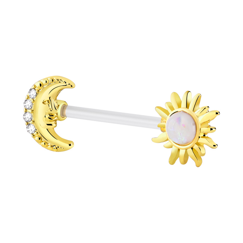 Nipple Barbell (bioflex, transparent) avec motif "soleil et lune" et pierres en cristal Bioflex/Laiton plaqué or Piercings téton