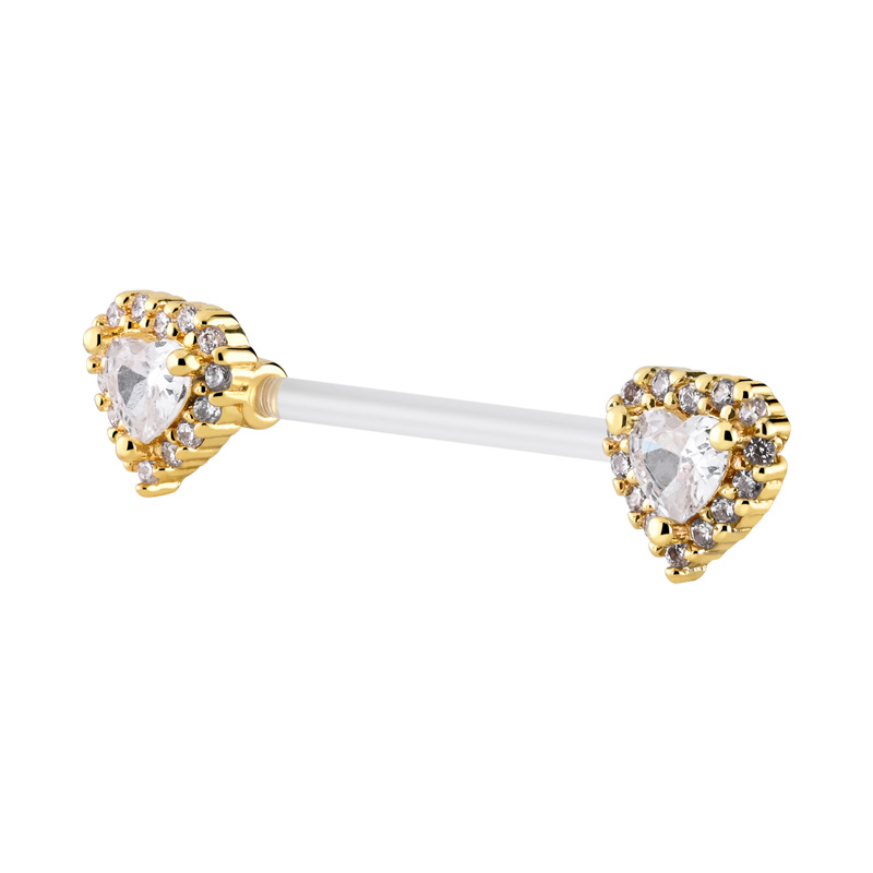 Nipple Barbell (bioflex, transparent) avec coeur en cristal Bioflex/Laiton plaqué or Piercings téton