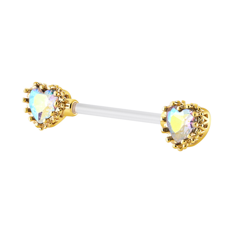 Nipple Barbell (bioflex, transparent) avec coeur en cristal Bioflex/Laiton plaqué or Piercings téton