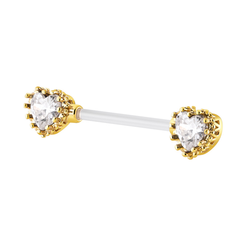 Nipple Barbell (bioflex, transparent) avec coeur en cristal Bioflex/Laiton plaqué or Piercings téton