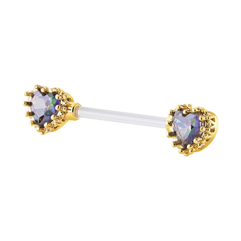 Nipple Barbell (bioflex, transparent) avec coeur en cristal Bioflex/Laiton plaqué or Piercings téton