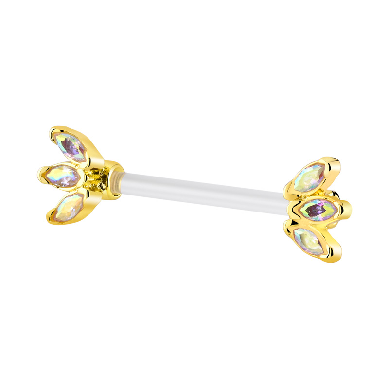 Nipple Barbell (bioflex, transparent) avec pierres en cristal Bioflex/Laiton plaqué or Piercings téton
