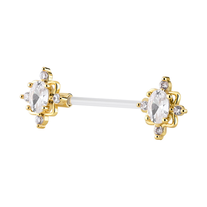 Nipple Barbell (bioflex, transparent) avec pierres en cristal Bioflex/Laiton plaqué or Piercings téton